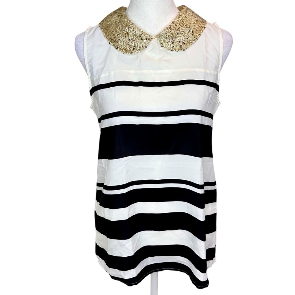 Maeve Anthropologie Striped Sleeveless Top with Gold Sequins Collar Size XS